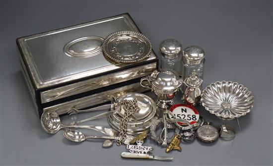 An Italian 925 mounted trinket box and a small group of silver and other items including, fob watch, mustard, toilet jars & spoons.